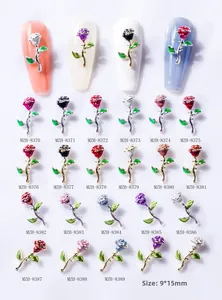 Detailed catalog of colorful metal rose nail charms with leaves in a 9x15mm size