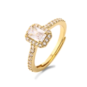 18K gold plated open ring for women with rectangular zircon stone and pavé setting