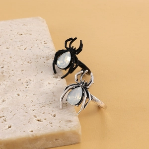 Gothic spider open ring with teardrop gemstone in vintage silver and black finish