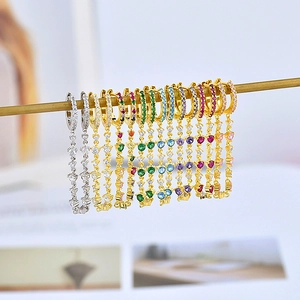 S925 silver needle drop earrings with colorful zircons and hanging chains in gold and silver