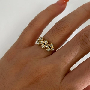 18k gold plated stainless steel open ring with cluster of round zircon and faux pearls