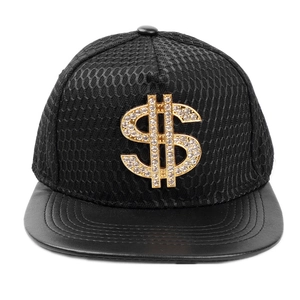 Hip hop snapback hat with black mesh texture and gold rhinestone dollar sign emblem