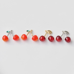 Realistic cherry fruit charms with green zircon leaves and gold stems for DIY jewelry