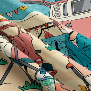 Vue macro d'un tissu sergé résistant montrant la texture et l'illustration camping