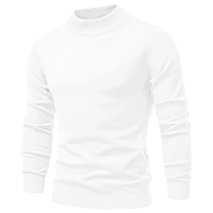 Detailed texture of white thick knit fabric on a slim fit half-turtleneck sweater