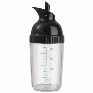 Detail of 200ml plastic squeeze bottle showing dual oz and ml measurement scales