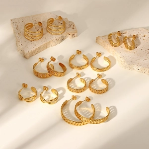 18K gold plated stainless steel hoop earrings set with diverse chain textures on stone