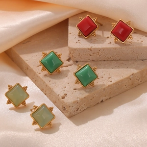 Quadrilateral 18K gold plated titanium steel stud earrings with natural stone inlay