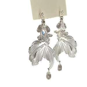 Elegant gold-tone goldfish drop earrings with hollow metal craft and decorative beads