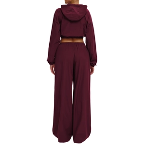 Burgundy hooded sports set with windproof cropped jacket and wide-leg trousers