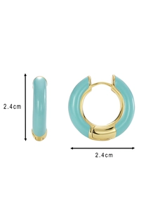 Detail view of 2.4cm gold-tone hoop earrings with blue enamel finish and size marking