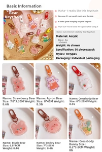 Close-up of cute acrylic bear and rabbit charms with detailed dimensions for each style