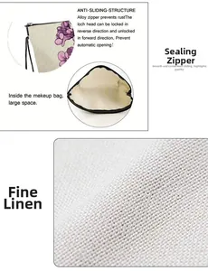 Detail view of floral linen cosmetic bag showing zipper closure and fabric texture