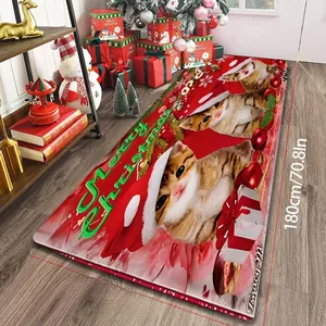 Detail of a Christmas flannel runner rug with cute ginger cats on a red festive background