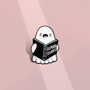 Cute white ghost reading Human Stories book enamel brooch for Halloween accessories