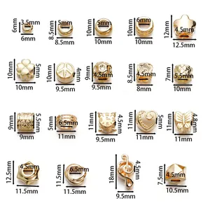 Size chart for golden CCB spacer beads including star clover and heart shapes for DIY jewelry