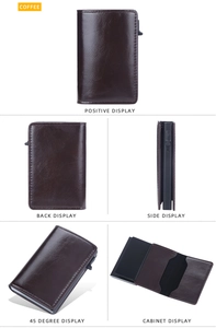 Detailed multi-angle views of brown leather RFID blocking wallet with pop-up card mechanism