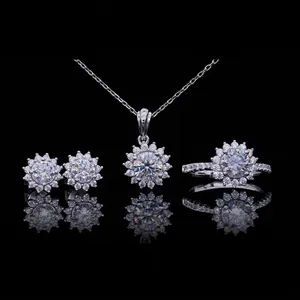 Moissanite sunflower jewelry set featuring silver necklace earrings and ring