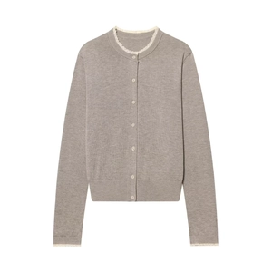 Women Knitted Cardigan Cotton Polyester Blend Lace Trim Round Neck Single Breasted Long Sleeve Sweater Elegant Solid Top