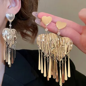Alloy Heart Drop Earrings With 925 Sterling Silver Earring Post Wrinkled Hammered Long Tassel Rhinestone Fashion For Women