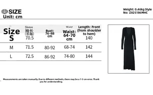 Size chart for black V-neck long sleeve sexy maxi dress with detailed measurements