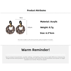 Detail view of round leopard acrylic earrings showing 6.5x4cm size and 8.7g weight info