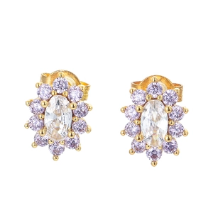 Sunflower stud earrings with clear oval center stone and purple zircon accents