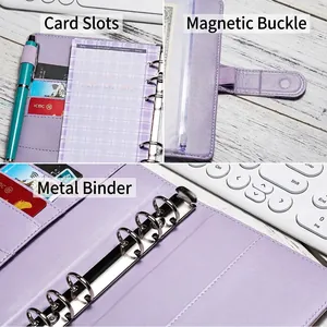 A6 purple leather binder notebook with 6-ring metal clips and magnetic buckle closure