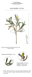 Detail display of artificial olive branch dimensions with 38cm length and lifelike fruit