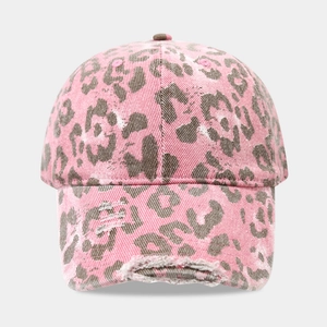 Pink leopard print baseball cap with distressed brim and vintage washed canvas texture