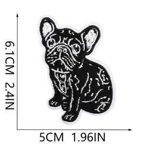 Detailed embroidery patch showing a French Bulldog with dimensions 6.1cm x 5cm