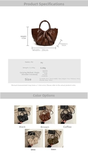 Detailed size chart and multi-color options for the ruched cloud tote bag and crossbody bag