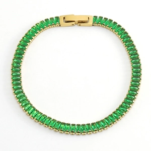 Gold plated tennis bracelet with green emerald-cut cubic zirconia and folding clasp