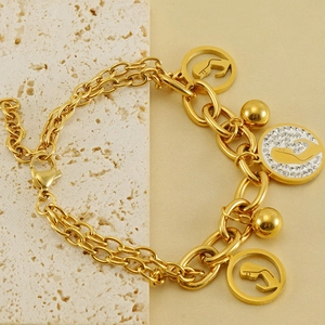 18K gold plated stainless steel double layer bracelet with mother-child charms and crystals