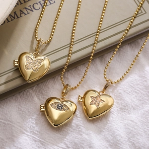 Heart Locket Necklace Gold Plated Copper Zircon Butterfly Star Evil Eye Photo Holder Jewelry For Women