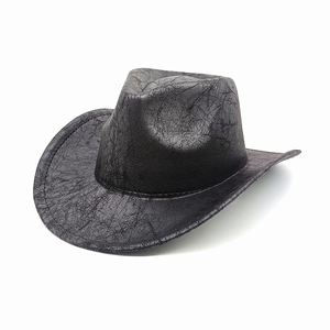 Chapeau de cowboy western classique en cuir PU noir avec texture vieillie et bord large
