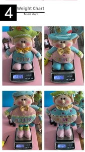 Detailed weight measurement for four assorted plush Christmas elf dolls on digital scale