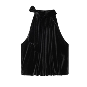 Women Halter Top Velvet Sleeveless With Big Bow Tie Elegant Socialite Style Solid Color Party Slimming Bubble Hem