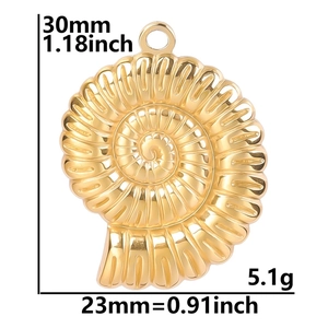 Detailed view of a golden snail shell pendant showing dimensions 30mm and 23mm on white background