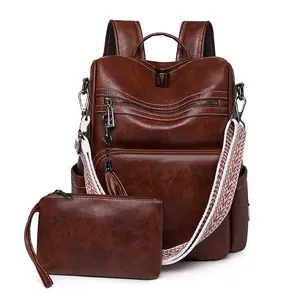 Women Vintage PU Leather Backpack And Clutch Large Capacity Multi Pocket Ethnic Woven Strap Tassel Fashion Travel Bag