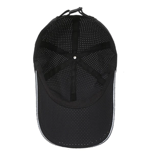 Black quick-dry mesh baseball cap with reflective brim and adjustable strap for outdoors