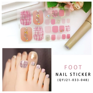 Pink checkered glitter foot nail stickers with rhinestones and application accessories