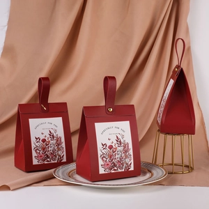 Elegant red wedding candy gift box with floral illustration and leather handle