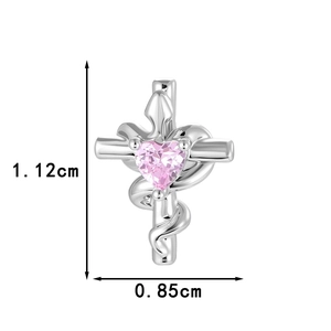 Silver cross stud earring with pink heart zircon and vine wrap detail, 1.12cm height