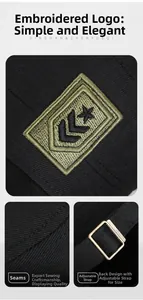 Detail of army embroidery and adjustable metal buckle on black cotton military cap