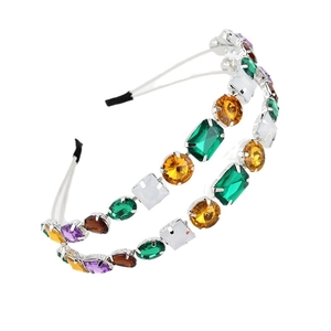 Baroque style silver headband with colorful rhinestones and imitation pearls on white background