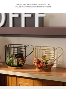 Detail of coffee capsule holder with metal wire frame, wooden base and handle