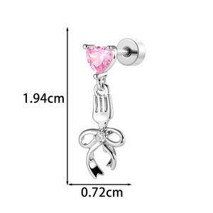 Cute bow and pink heart zircon cartilage stud earring in silver finish