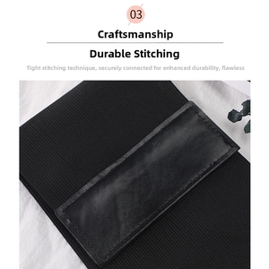Close-up of tight stitching on black elastic corset belt with premium PU leather reinforcement