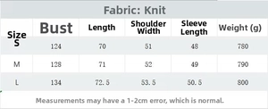 Detailed size chart for the British style loose wool coat with fabric weight information